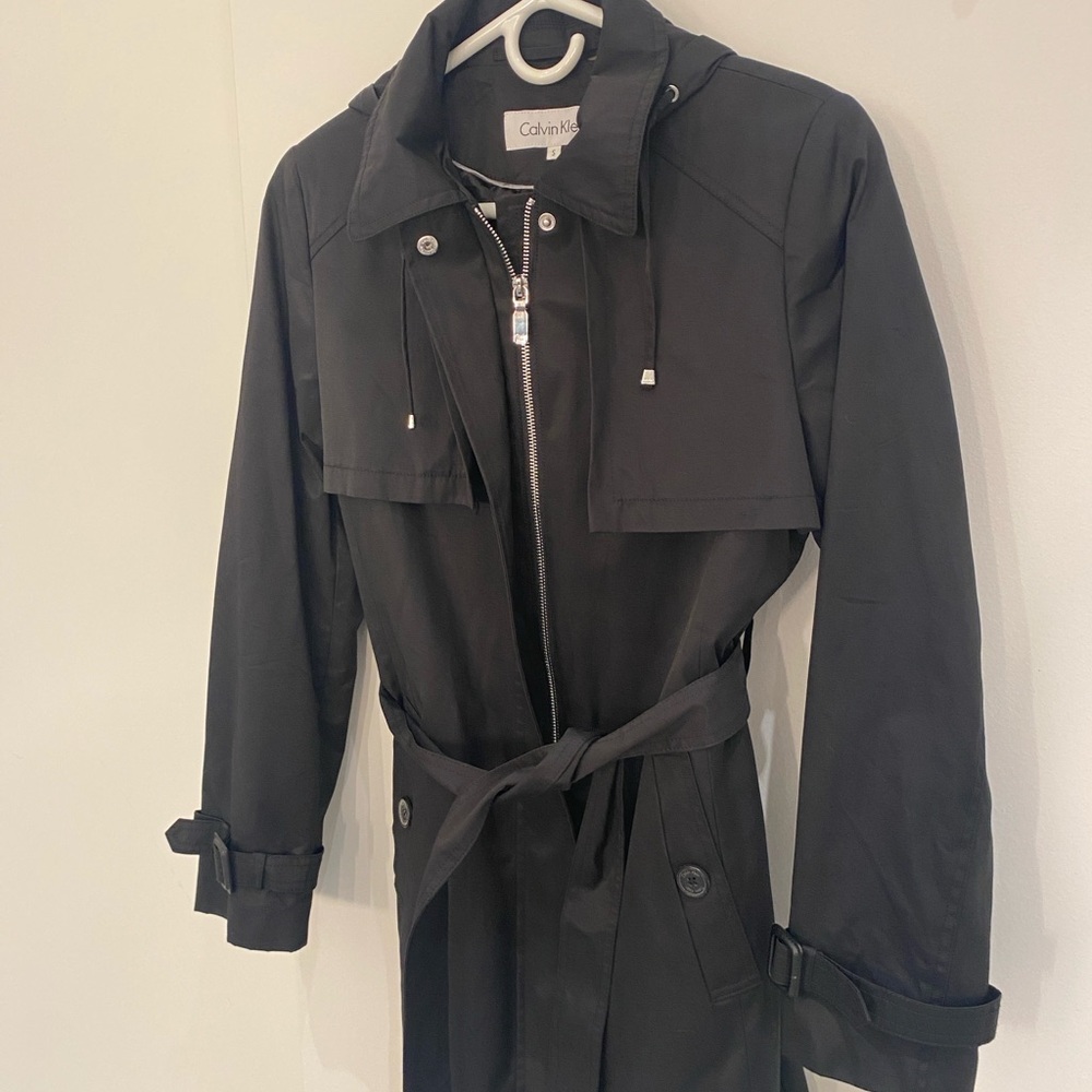EUC Calvin Klein Water Resistant Trench Coat Black Size 2 - Picture 4 of 9